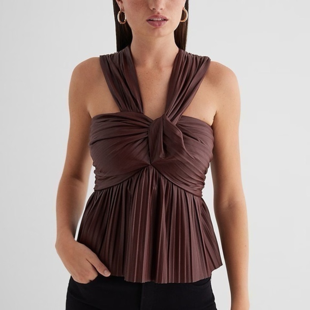 Faux Leather Pleated Twist Front Peplum Tank- Rich Mocha